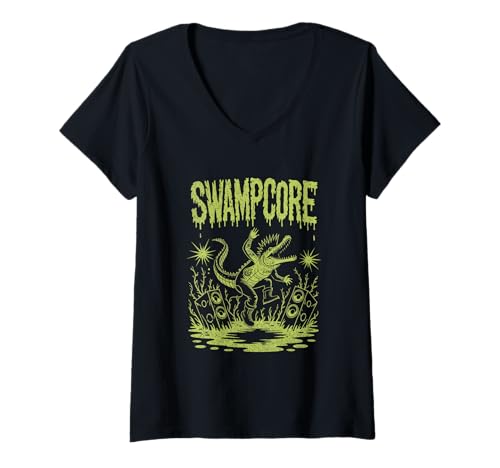 Damen Swampcore Punk Alligator Musik Szene Swamp Rave T-Shirt mit V-Ausschnitt Damen Swampcore Punk Alligator Musik Szene Swamp Rave T-Shirt mit V-Ausschnitt von SwampBeat