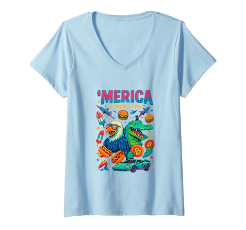 Damen Amerika Seit 1776 Patriotic Eagle and Gator USA America T-Shirt mit V-Ausschnitt von Swampstrong Threads