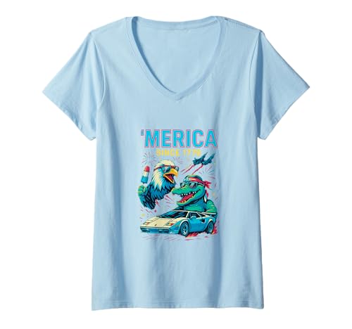Damen Amerika Seit 1776 Patriotic Eagle and Gator USA America T-Shirt mit V-Ausschnitt von Swampstrong Threads