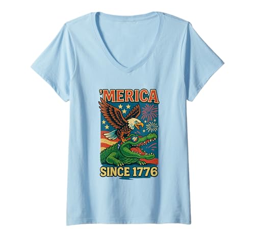 Damen Amerika Seit 1776 Patriotic Eagle and Gator USA America T-Shirt mit V-Ausschnitt von Swampstrong Threads