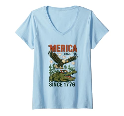 Damen Amerika Seit 1776 Patriotic Eagle and Gator USA America T-Shirt mit V-Ausschnitt von Swampstrong Threads