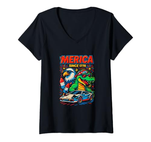 Damen Amerika Seit 1776 Patriotic Eagle and Gator USA America T-Shirt mit V-Ausschnitt von Swampstrong Threads