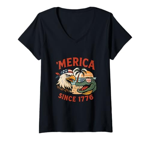 Damen Amerika Seit 1776 Patriotic Eagle and Gator USA America T-Shirt mit V-Ausschnitt von Swampstrong Threads