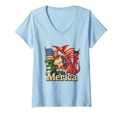 Damen Amerika Seit 1776 Patriotic Eagle and Gator USA Delly T-Shirt mit V-Ausschnitt von Swampstrong Threads