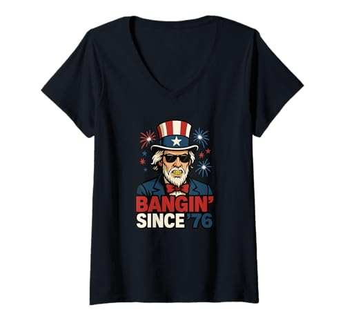 Damen Bangin' Since '76 Funny Uncle Sam 4th of Juli Fourth T-Shirt mit V-Ausschnitt von Swampstrong Threads