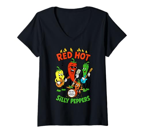 Damen Red Hot Silly Peppers Vintage-Zeichentrickfilm | Lustiges Veggie-Band T-Shirt mit V-Ausschnitt von Swanky Ghost