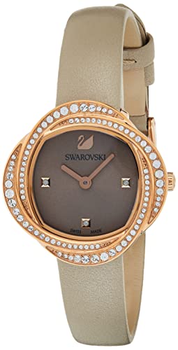 Swarovski Crystal Flower Uhr, Damenuhr mit Rosé Vergoldetem Gehäuse, Grauem Zifferblatt, Swarovski Kristallen und Grauem Lederarmband von Swarovski