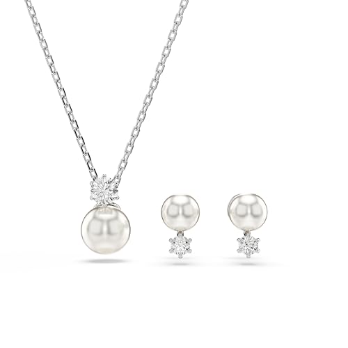 Swarovski Matrix Set, Weiße, Rhodinierte Halskette und Ohrringe mit Kristallperle und Strahlenden Kristallen im Rundschliff Swarovski Matrix Set, Weiße, Rhodinierte Halskette und Ohrringe mit Kristallperle und Strahlenden Kristallen im Rundschliff von Swarovski