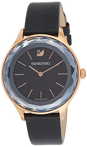 Swarovski Octea Nova Uhr, Damenuhr mit Rosé Vergoldetem Gehäuse, Schwarzem Zifferblatt, Swarovski Kristallen und Schwarzem Lederarmband von Swarovski