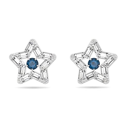 Swarovski Stella Ohrringe, Rhodinierte Ohrstecker mit Strahlenden Weißen und Blauen Kristallen von Swarovski