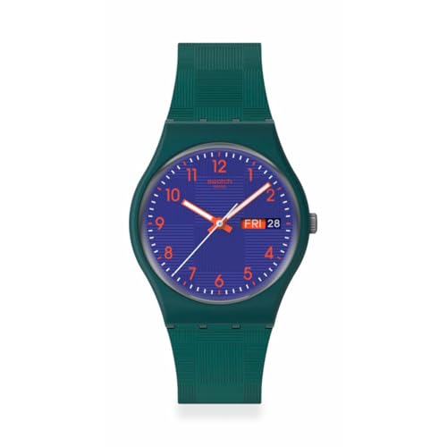 Swatch Analoguhr, blaues Zifferblatt mit orangen Zahlen, Gehäuse und Armband dunkelgrün, matt, Tages- und Datumsanzeige SO28N706 von Swatch