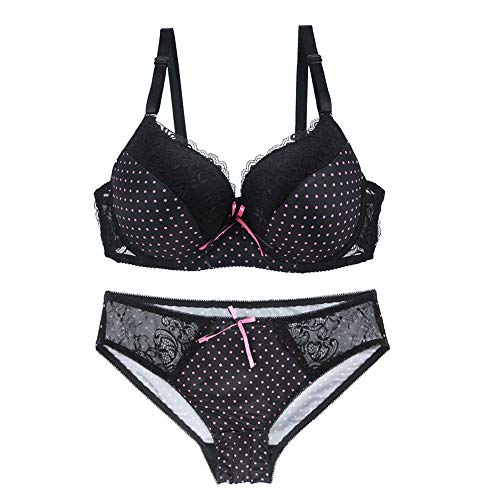 Damen BH und Panty Set Satin Bowknot Spitze Polka Dot Bügel BHs Dessous Set - Schwarz - 75D von Swbreety