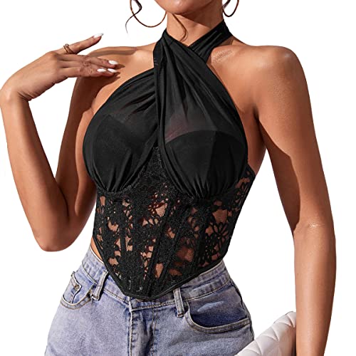 Damen Mesh Criss Cross Wrap Tie Knoten Crop Halfter Top Floral Lace Corsage Top, Schwarz, Medium von Swbreety