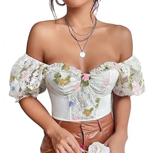 SWBREETY Damen Floral Bestickte Puffärmel Tops Slim Fit Korsett Crop Top Sexy Bustier Tank Top T-Shirts, Weiß-f10687, Groß von Swbreety