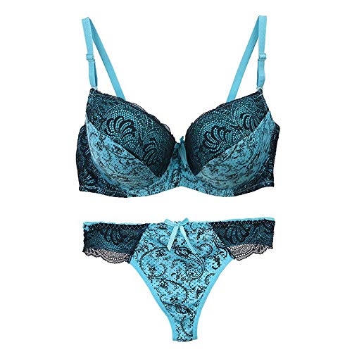 Swbreety Damen Bequemer Push Up Stickerei Spitze BH und Panty Set Plus Size - Blau - 90E von Swbreety