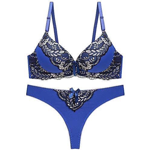 Swbreety Damen Spitze BH und String Set Push Up Unterhose BHs Stickerei Spitze Dessous Set, blau, 80C von Swbreety