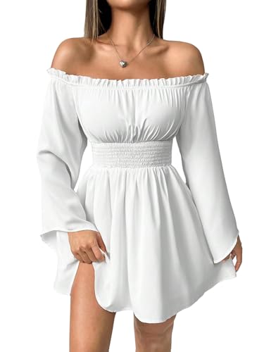 GORGLITTER Langarm Kleid Damen Elegant Gothic Kleid Off Shoulder Minikleid Herbstkleid A Linie Freizeitkleid Piratenkleid Schulterfreies Partykleid Weiß S von SweatyRocks