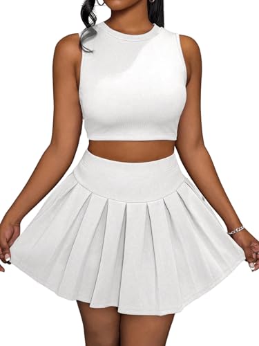 SweatyRocks 2 Teiler Damen Sommer Rock Und Top Zweiteiler Sport Set Crop Top Mit Rock Set Faltenrock Kurz Minirock Tanktop Sport Outfit Sets Sommer Outfit Weiß L von SweatyRocks