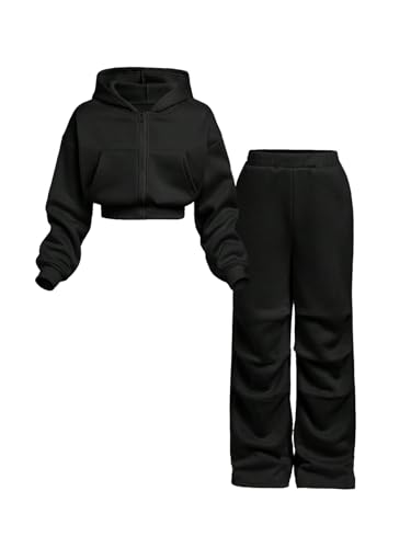 SweatyRocks 2 Teiler Outfits Mädchen Langarm Crop Sweatshirt mit Taschen und Kapuze Hohe Taille Weite Beine Sporthose Lässig Set Schwarz 9 Jahre SweatyRocks 2 Teiler Outfits Mädchen Langarm Crop Sweatshirt mit Taschen und Kapuze Hohe Taille Weite Beine Sporthose Lässig Set Schwarz 9 Jahre von SweatyRocks