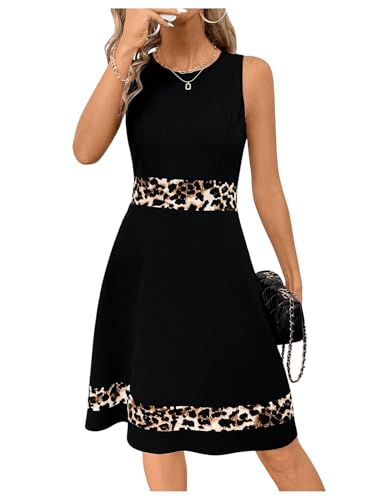 SweatyRocks A Linien Kleid Damen Midi Kleid Mit Leoprint Sommerkleid Elegante Kleider Leo Kleider Tankkleid Sommer Schwarz-Leo L von SweatyRocks