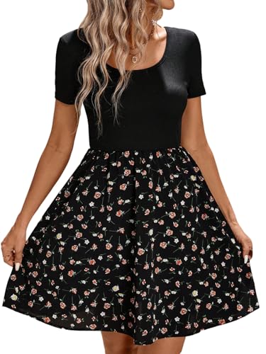SweatyRocks A Linien Kleid Damen Sommer Blumenkleid Boho Tshirt Kleid Blusenkleid Midikleid Sommerkleid Freizeitkleid Schwarz XL von SweatyRocks