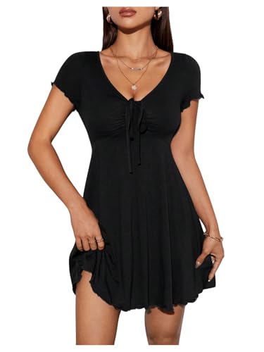 SweatyRocks A Linien Kleid Damen Sommer Kleid Mit V Ausschnitt Kurz Minikleid Mit Rüschen Freizeitkleid Kurzarm Kleid Mit Knoten Schwarz M von SweatyRocks
