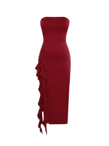 SweatyRocks Bandeau Kleid Damen Elegant Maxikleid Sommer Schulterfreies Kleid Mit Schlitz Partykleid Hochzeitsgast Kleider Damenkleider Rot L von SweatyRocks