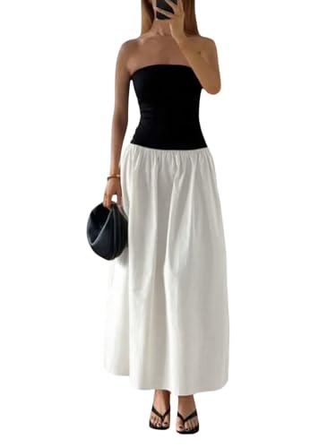 SweatyRocks Bandeau Kleid Damen Lang Elegant Farbblock Trägerloses Kleid Sommer Maxikleid Hochzeitsgast Strandkleid Schulterfreie Kleider Schwarz und Weiß L von SweatyRocks