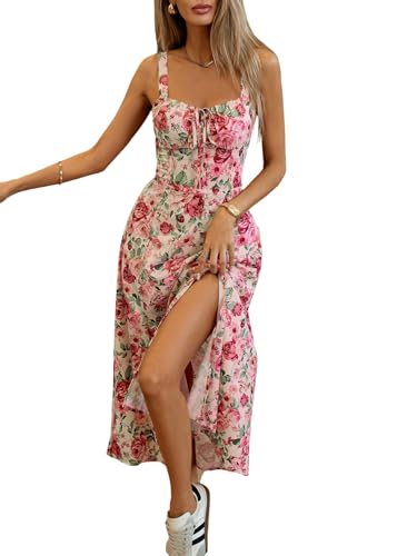 SweatyRocks Blumenkleid Damen Boho Sommerkleid Lang Kleid Mit Schlitz Maxikleider Elegant Trägerkleid Strandkleid Sommer Outfits Rüschenkleid Rosa L von SweatyRocks