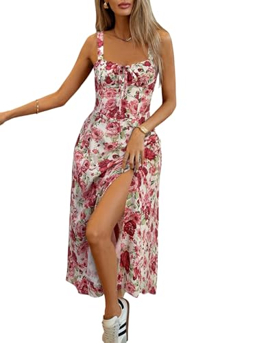 SweatyRocks Blumenkleid Damen Boho Sommerkleid Lang Kleid Mit Schlitz Maxikleider Elegant Trägerkleid Strandkleid Sommer Outfits Rüschenkleid Rot L von SweatyRocks