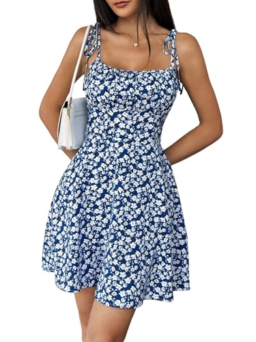 SweatyRocks Blumenkleid Damen Kurz Sommerkleid Minikleid Mit Blumen Boho Kleid A Linie Spaghettiträger Kleid Hochzeitsgast Outfit Blau M von SweatyRocks