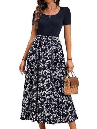 SweatyRocks Blumenkleid Damen Lang Boho Kleider Maxikleid Hochzeitsgast Langer Blusenkleid Mit Blumen Sommerkleider Dunkelblau L von SweatyRocks