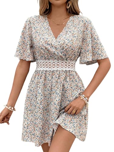 SweatyRocks Blumenkleid Damen Sommer Boho Kleid Mit Spitze Wickelkleid Spitzenkleid Mini Sommerkleid Tunika Kleid Hochzeitsgast Beige M von SweatyRocks
