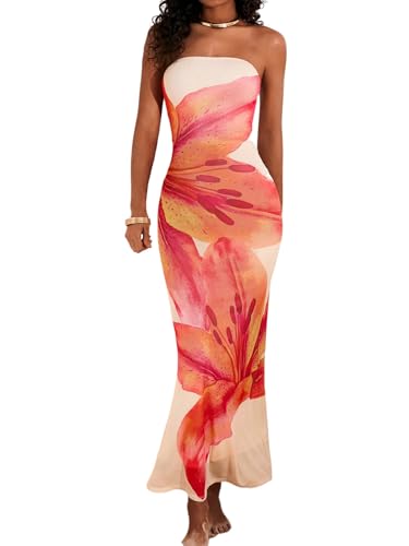SweatyRocks Blumenkleid Damen Sommer Maxikleid Hochzeitsgast Elegant Bandeau Kleid Mesh Strandkleid Bodycon Kleid Orange XL von SweatyRocks