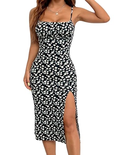 SweatyRocks Blumenkleider Damen Sommer Trägerkleid Mit Schlitz Sommerkleider Knielang Spaghettiträger-Kleid Rüschenkleid Boho Kleid Schwarz M von SweatyRocks