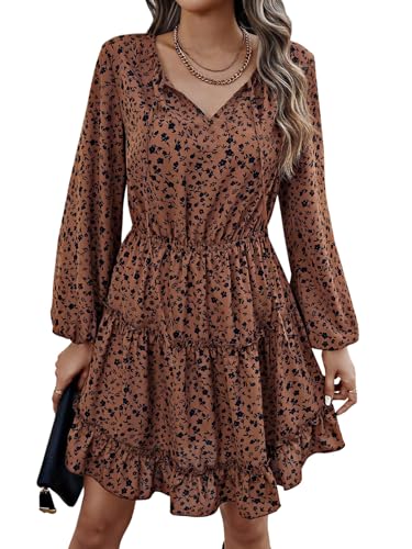 SweatyRocks Blusenkleid Damen Elegant Langarm Herbstkleid Blumenkleid A Linie Tunikakleid Mit Schleife Winter Midikleid Braun L von SweatyRocks