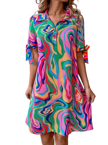 SweatyRocks Blusenkleid Damen Lang Tunika Kleid Elegant Hemdblusenkleid Langarm Kleid Shirtkleid Boho Herbstkleid Knielang Heißes Pink XL von SweatyRocks