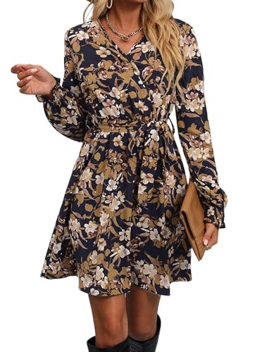 SweatyRocks Blusenkleid Damen Langarm Blumenkleid Herbstkleid Elegantes Wickelkleid Mit Gürtel Midikleid Winter Business Outfit Schwarz L von SweatyRocks