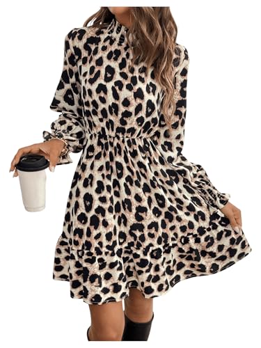 SweatyRocks Blusenkleid Damen Langarm Elegant Kleid Mit Rüschen Leoparden Kleid Midi Langarmkleid Herbst A Linien Kleid Leo XS von SweatyRocks