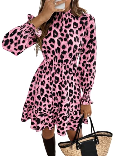 SweatyRocks Blusenkleid Damen Langarm Elegant Kleider Mit Rüschen Leoparden Kleid Midi Langarmkleid Herbst A Linien Kleider Rosa M von SweatyRocks