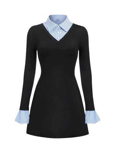 SweatyRocks Blusenkleid Damen Langarm Winter Kleid Mit Streifen A-Linie Kleid Hemdkleid Herbst Farbblock Kleid Elegant Langarm Kleid Schwarz XXL von SweatyRocks