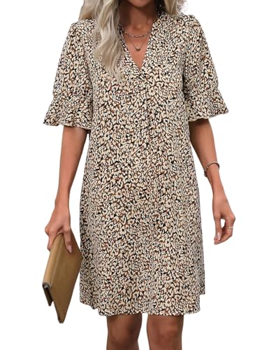 SweatyRocks Blusenkleid Damen Midi Herbstkleid Tunika Kleid Mit V Auuschnitt Hemdblusenkleid Elegantes Leo Kleid Freizeitkleid Locker Khaki M von SweatyRocks