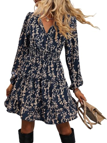 SweatyRocks Blusenkleid Damen Midi Langarm Herbstkleid Hemdblusenkleid Knielang Kleid A Linie Freizeitkleid Elegante Kleider Blumenkleid Dunkelblau L von SweatyRocks