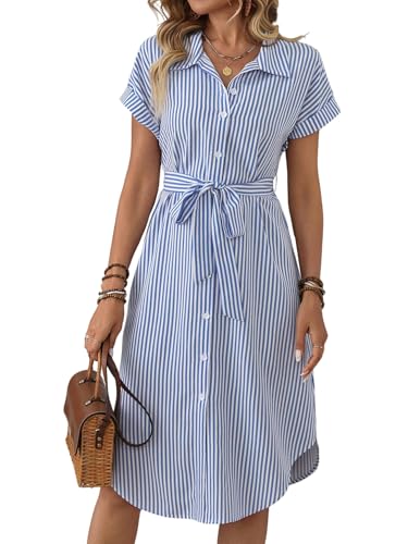 SweatyRocks Blusenkleid Damen Sommer Elegant Hemdblusenkleid Lang Gestreiftes Kleid Midikleid Mit Gürtel Strandkleider Sommer Business Outfits Blau und Weiß S von SweatyRocks