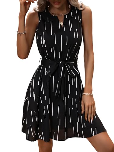 SweatyRocks Blusenkleid Damen Sommer Elegant Hemdblusenkleid Mit Gürtel Sommerkleid Knielang Kleid A Linie Midikleid Elegantes Outfit Schwarz S von SweatyRocks