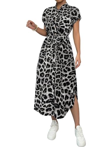 SweatyRocks Blusenkleid Damen Sommer Lang Leo Kleid Maxikleider Sommerkleid Shirtkleid Mit Taschen Business Outfit Leoparden Kleider Mit Knöpfen Grau M von SweatyRocks