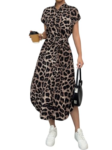 SweatyRocks Blusenkleid Damen Sommer Lang Leo Kleid Maxikleider Sommerkleid Shirtkleid Mit Taschen Business Outfit Leoparden Kleider Mit Knöpfen Leo S von SweatyRocks