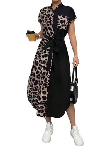 SweatyRocks Blusenkleid Damen Sommer Lang Leo Kleid Maxikleider Sommerkleid Shirtkleid Mit Taschen Business Outfit Leoparden Kleider Mit Knöpfen Leo Schwarz S von SweatyRocks