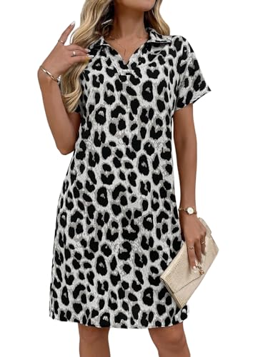 SweatyRocks Blusenkleid Damen Sommer Midi Shirtkleid Sommerkleid Knielang Leoparden Kleid Strandkleid Luftig Tunikakleid Leo Tshirt Kleid Grau L von SweatyRocks