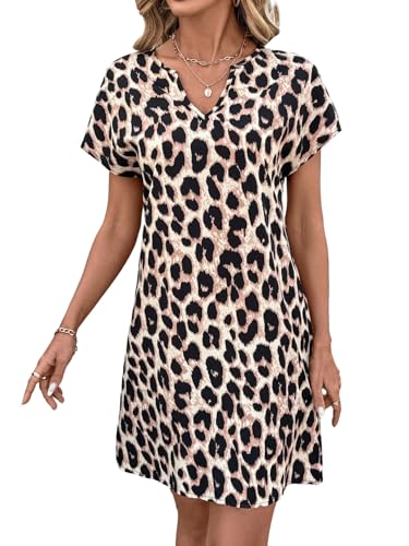 SweatyRocks Blusenkleid Damen Sommer Midi Shirtkleid Sommerkleid Knielang Leoparden Kleid Strandkleid Luftig Tunikakleid Leo Tshirt Kleid V Ausschnitt-Leo L von SweatyRocks